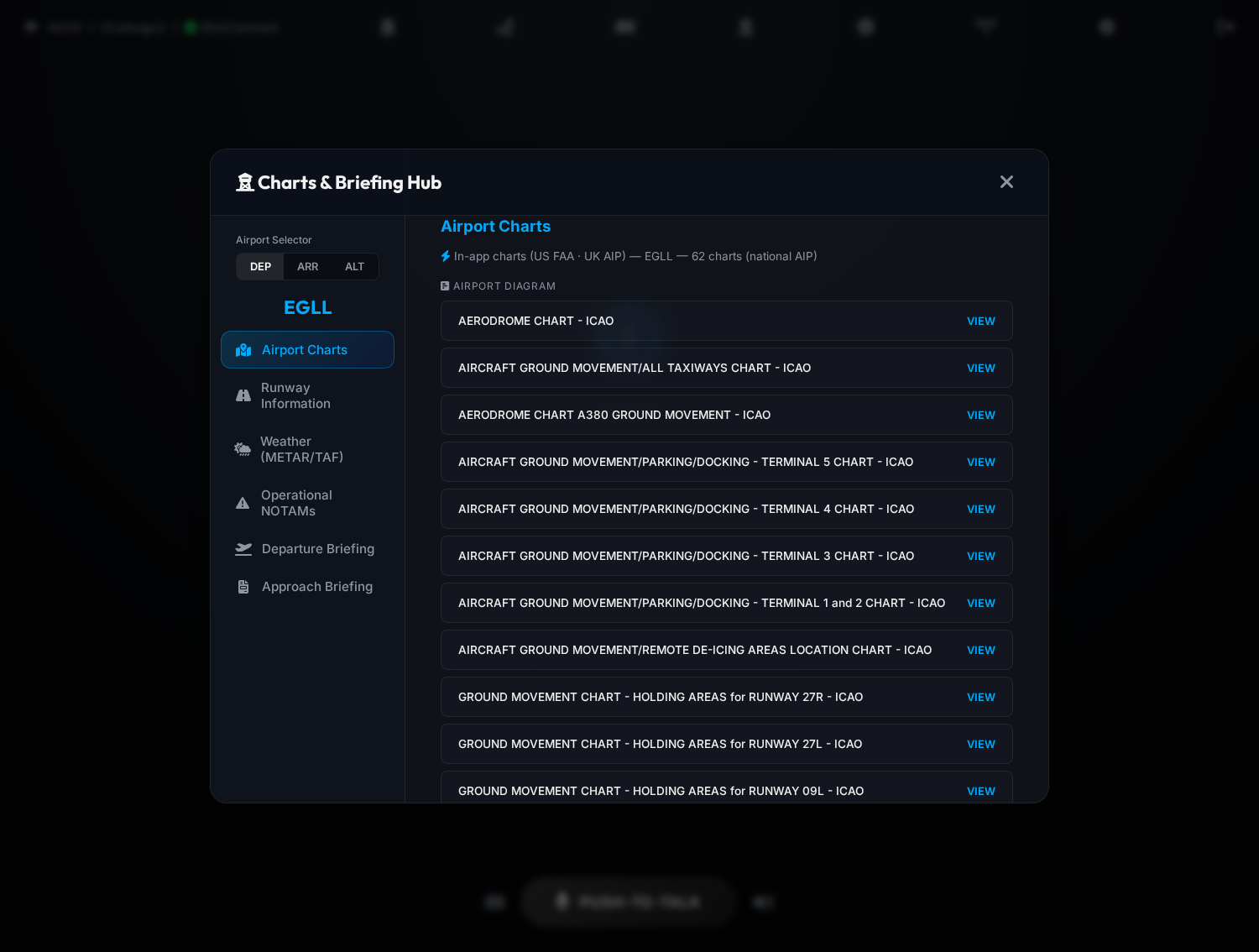 Charts and Briefing Hub showing airport charts, runway info, weather and briefings.