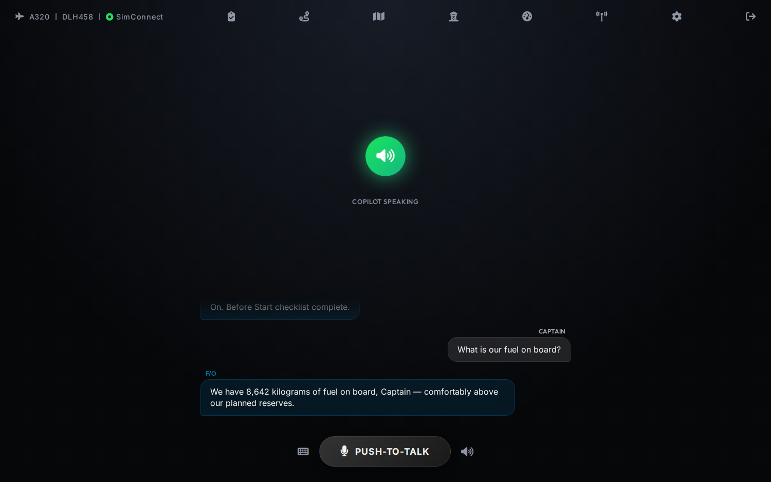 AI First Officer flight deck: voice orb listening, with an airline-style checklist exchange and live SimConnect status.