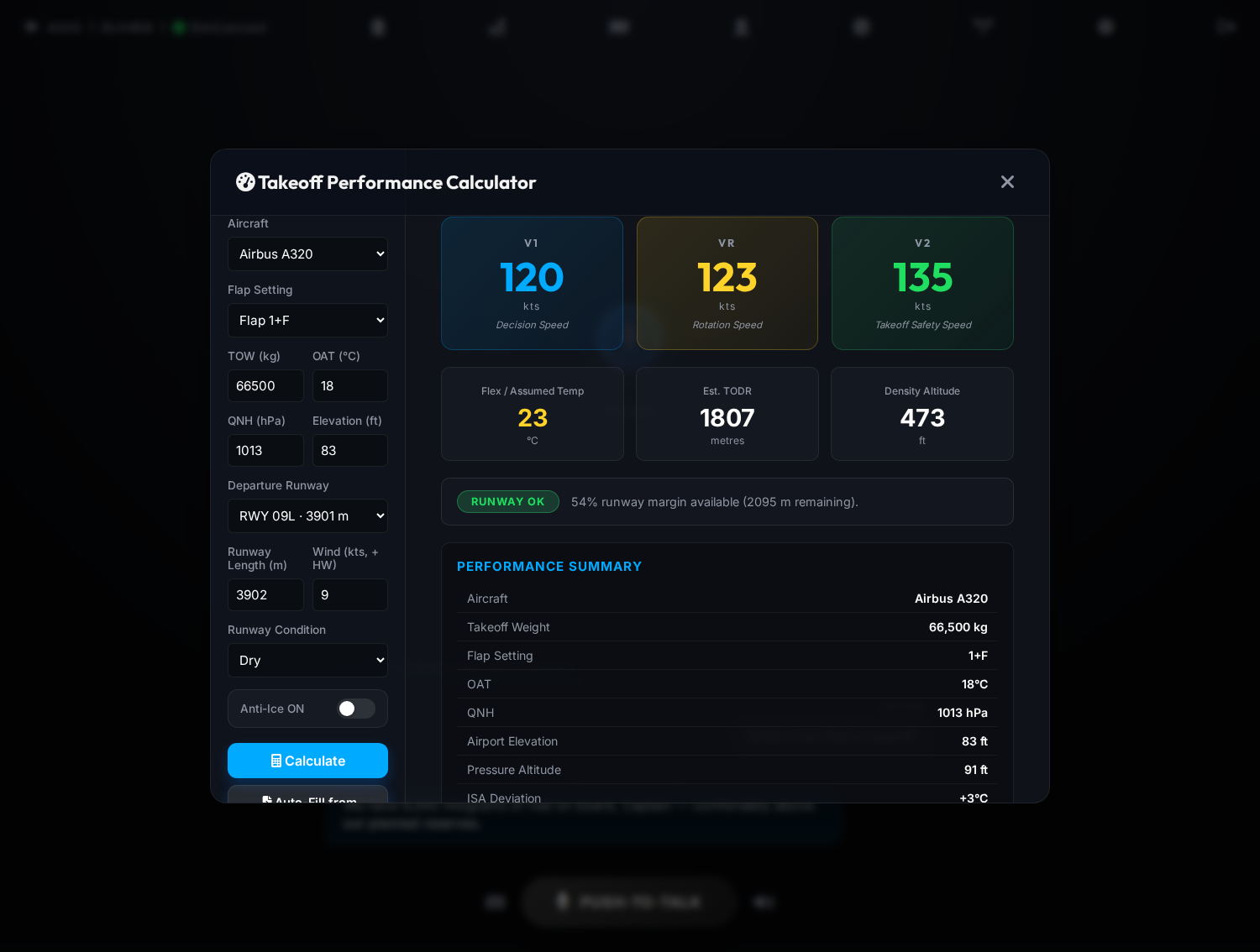Takeoff Performance Calculator with V1, VR and V2 outputs for the A320.